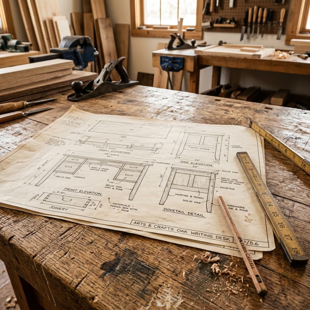 Detailed Teds Woodworking blueprints and schematic diagram on a workshop table