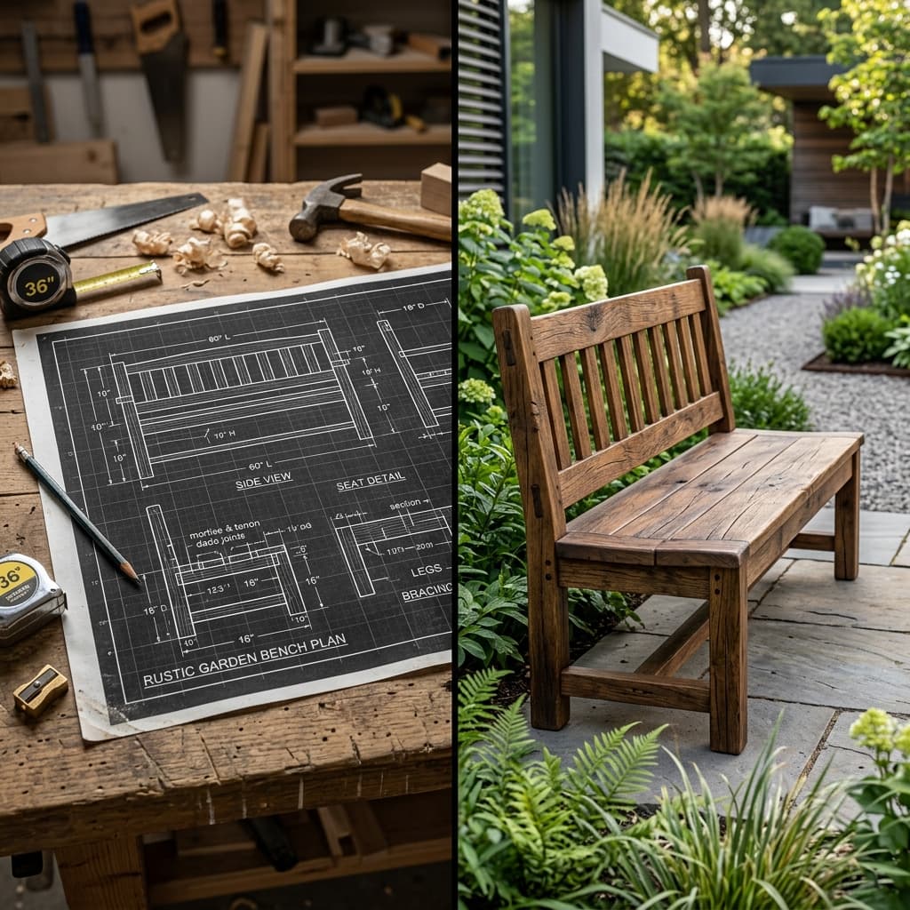 Teds Woodworking plans blueprints next to a finished wooden bench workbench project in a workshop